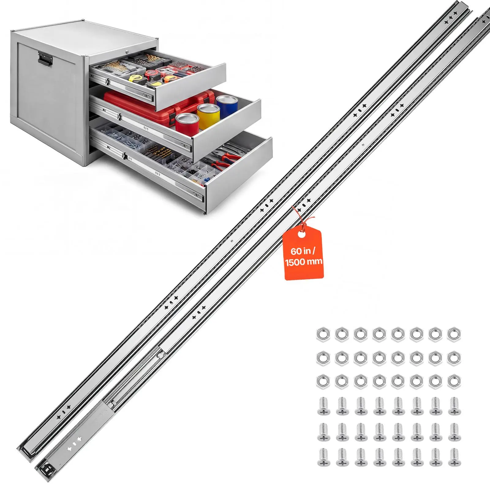 VEVOR Heavy Duty Ball Bearing Drawer Slides, 60-in Reinforced Steel Sliders, 265 lbs Load Capacity Side Mount Steel Track Material Rails, 3-Fold Full Extension, for Kitchen Workbenches & RV, with Screws & Nuts, 1 Pair