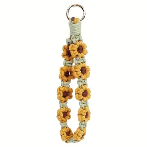 Women’s Boho Chic Handmade Macrame Keychain Wristlet - Polyester Yarn Craftsmanship, Exquisite Crochet Floral Design, Yellow & Green Color Blocking, Accessory for Keys or Phone Lanyard