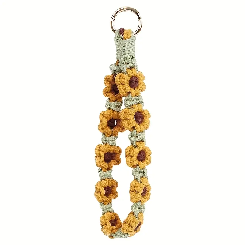 Women’s Boho Chic Handmade Macrame Keychain Wristlet - Synthetic Polyester Yarn Craftsmanship, Exquisite Crochet Plant Design, Yellow & Green Color Blocking, Alloy Key/Phone Lanyard Accessory, Key Or Phone Lanyard, Plants, With Lanyard