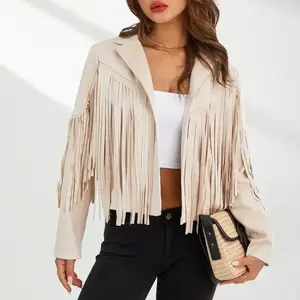 Fringe Jacket Women Long Sleeve Vintage Coats Open-Front Tassel Cardigan Casual Outerwear Tops Winter Womenswear Black Polyester Solid