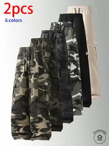 2-pack men’s long pants: camouflage cargo straight-leg trousers with an elastic drawstring waist and large side pockets. Available in multiple colors; suitable for outdoor hiking and camping, everyday streetwear, short trips, outdoor sports jogging, and v