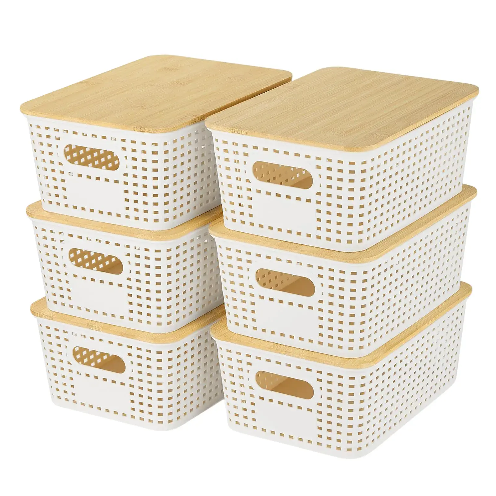 Plastic Storage Baskets With Bamboo Lid - Plastic Storage Containers Stackable Storage bins: Storage Baskets for Organizing Shelves Drawers Desktop Closet Playroom Classroom Office, 6 Pack