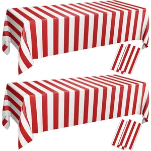 4 Pcs Red and White Stripe Plastic Tablecloths Circus Theme Party Decorations for Carnival Movie Night Kid's Birthday Christmas 51'' x 86''