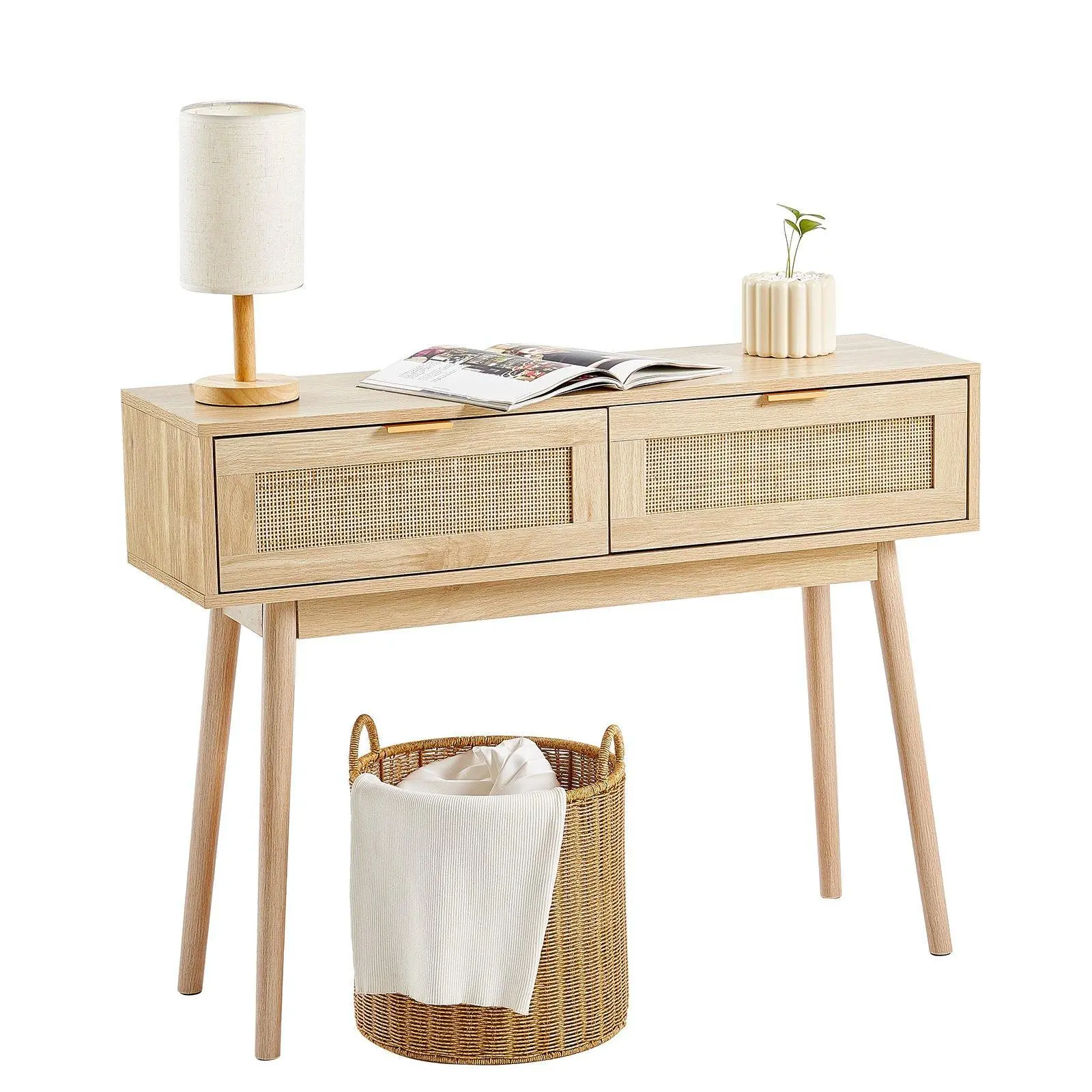 【Backtoschool】VEVOR Rattan Console Table with 2 Storage Drawers Rattan 39.37x11.81x29.33inch Sliding Door Natural, Rattan Entryway Table with Storage, Small Console Tables for Entryway, Entry Table for Hallway, Living Room Table