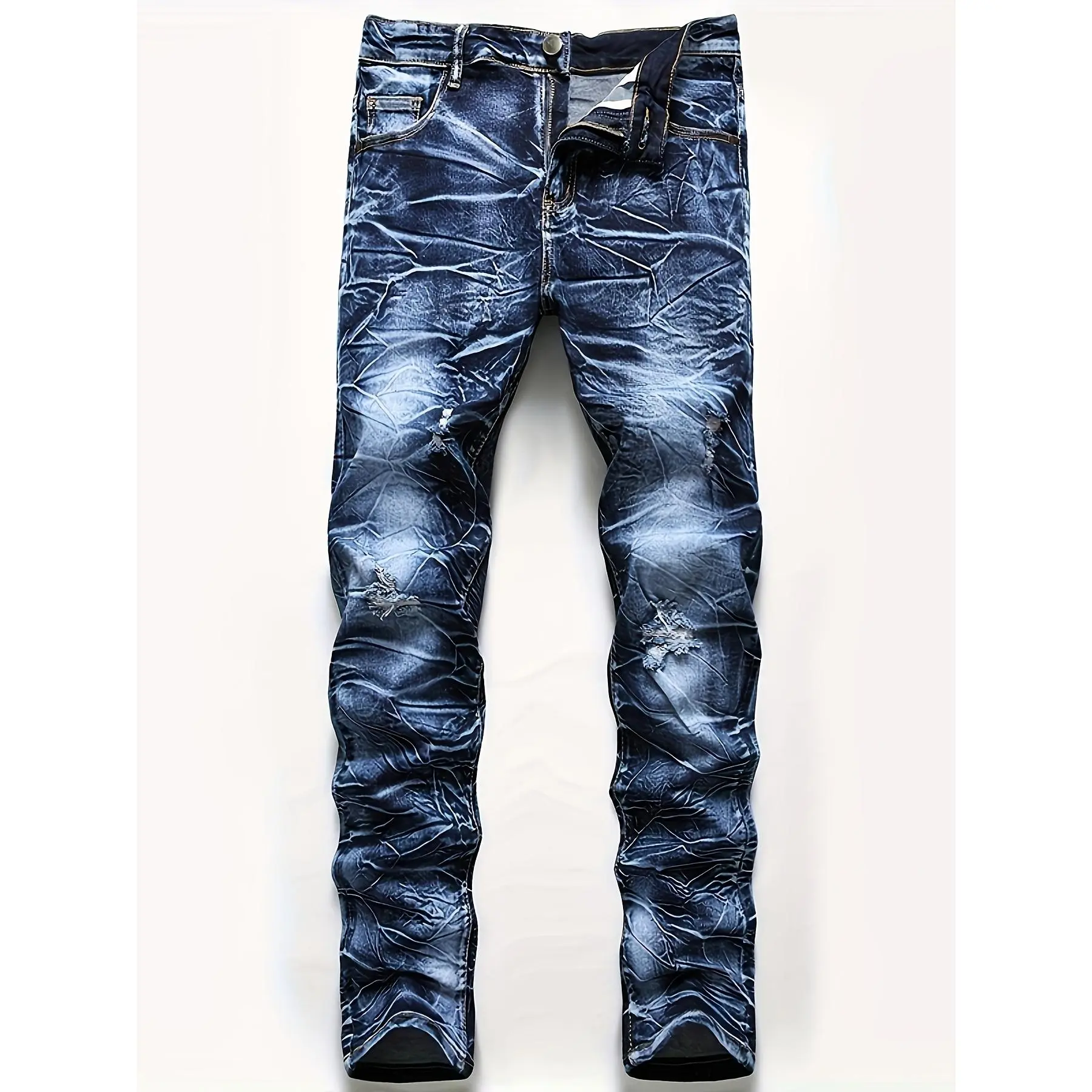 Men's Stretchy Spandex-Cotton Fabric Menswear Denim Jeans - Slim-Fit Blue Ripped Trousers with Random Stripes, All-Season Wear