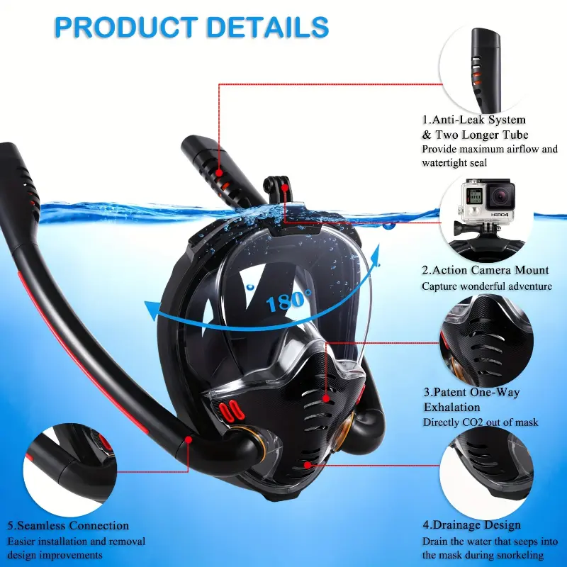 Unisex Adult Full Face Diving Mask Snorkelling Set - PC Material, Dry Top Design, Double Hose Breathing System, Water Sports Gear