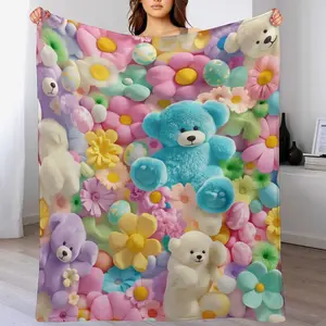 Pastel Spring Teddy Bear & Flowers Blanket, Colorful Easter Throw, Soft Cozy Flannel Fleece Blanket for Kids Nursery & Spring Decor