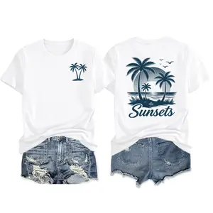 MARSVOVO Women's Cotton Short Sleeve Graphic T Shirt Casual Crew Neck Loose Fit Hawaiian Beach Shirts for Women Palm Tree Tropical Shirt Graphic Tees Women's Summer Clothing