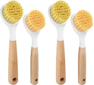 Bamboo Handled Dish Brush Set - 4 Pieces for Cleaning Dishes, Pots, Grill Pans, Cast Iron, Kitchen Sink, and Bathroom Cleaning