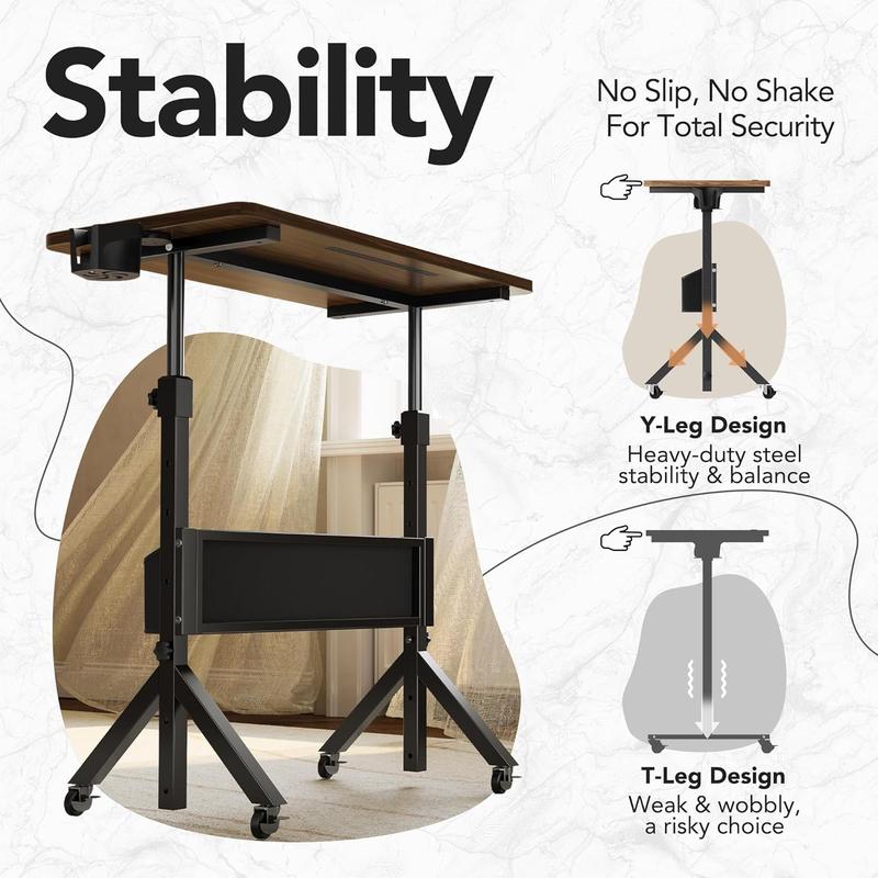 Adjustable Rolling Desk: Height adjusts from 28.7" to 46.1", perfect for use with a walking pad or treadmill. The 31.5" x 15.75" tabletop offers ample space, making it a portable, ergonomic workstation.