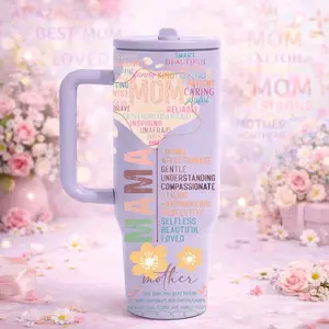 1pc 40oz Stainless Steel Mama Tumbler with Handle, Leakproof Travel Mug with Foldable Straw, Floral Insulated Coffee Cup for Water and Iced Drinks, Car Cup, Best Mother's Day Gift for Mom, Women