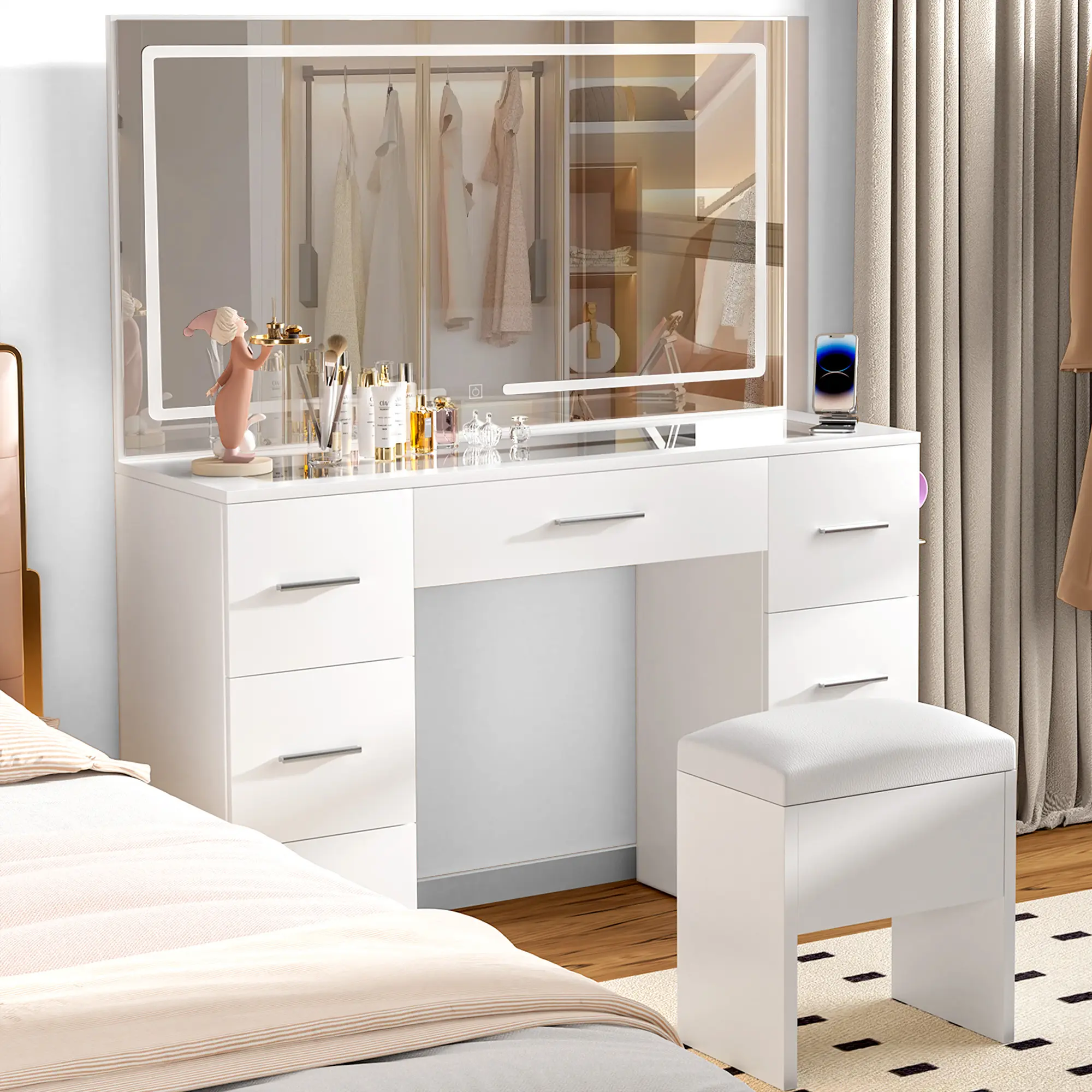 Makeup Vanity Desk - Bright LED Mirror (  3-color   Modes), Glass Top, Power Station, 7 Storage Drawers, Matching Stool, Fast Setup Guide for Wife's Makeup Organization