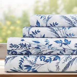 Queen Size - Floral Queen Size - 4pcs Queen Sheet - Cooling - Queen Size Sheet Sets -  Lasting 100% Brushed Floral - Floral Blue