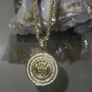 CEJEWELRY Gold Plated Crown Pendant with 24 Inch Rope Chain Luxury Fashion Jewelry Gift for Women and Men Elegant Rhinestone Necklace