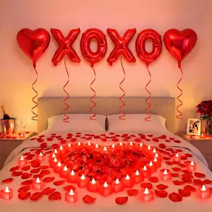 Red Romantic Balloons Kit with 6 Pcs 16 Inch XOXO Letters 18 Inch Heart Shaped Balloons 24 LED Flameless Candle 2000 Rose Petals for Wedding Decoration Special Night Galentines