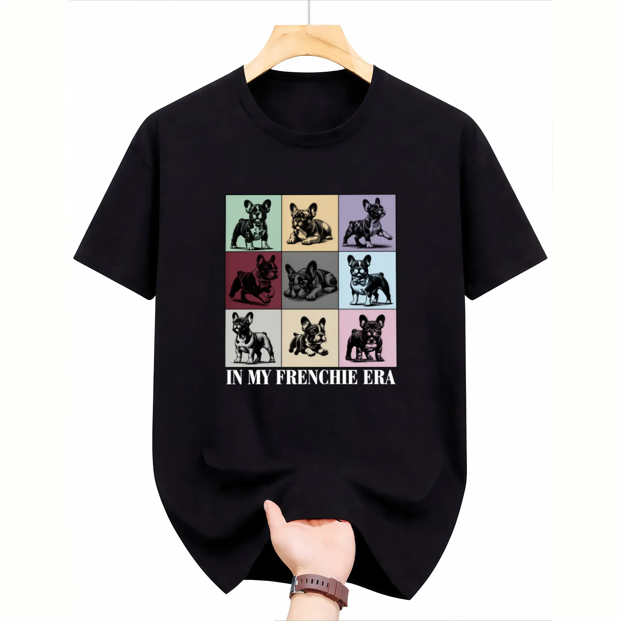 In My Frenchie Era Vintage Washed T-Shirt, French Bulldog Grid Print Retro Tee, Heavyweight Cotton Oversized Crew Neck Top for Dog Lovers summerwins,