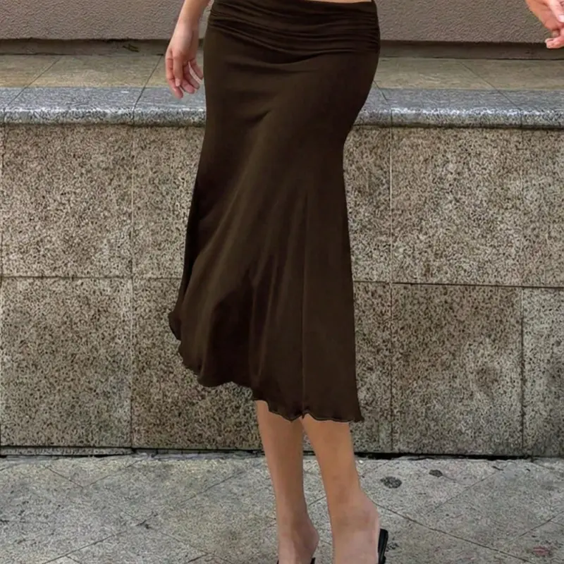 Ruched Low Waist Fishtail Midi Skirt, Slim Fit Skirt, Solid Casual Skirt for Daily and Commute Wear, Plain Color Skirt