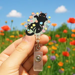 Black Cat Floral Badge Reel, Cute Cat ID Holder, Black Cat Name Badge, Cat Nurse Gift, Vet Tech Accessories, Cat Lover Reel, Nurse, Teacher