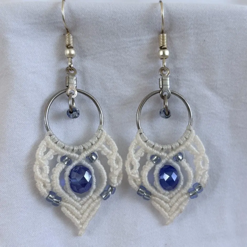 Macrame Fan Hoop Drop Earrings - White with Blue Crystal and Silver-Lined Seed Beads