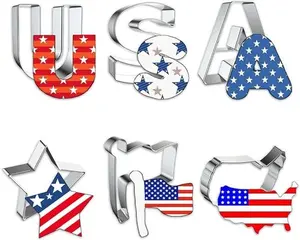 6 PCS Patriotic Metal Cookie Cutters, 4th of July USA Words American Flag Map Cutter Mold for Kitchen Baking Labor Day Stainless Steel Biscuits Cutters for Independence Day Home Baking Gifts