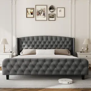 Modern Soft fabric Queen/King Bed Frame with 51'' Tall Deep Button Tufted Wingback Headboard & Footboard – Sturdy Wood Slats, Noise-Free, No Box Spring Needed, Easy Assembly – Bedroom Furniture,Light Grey
