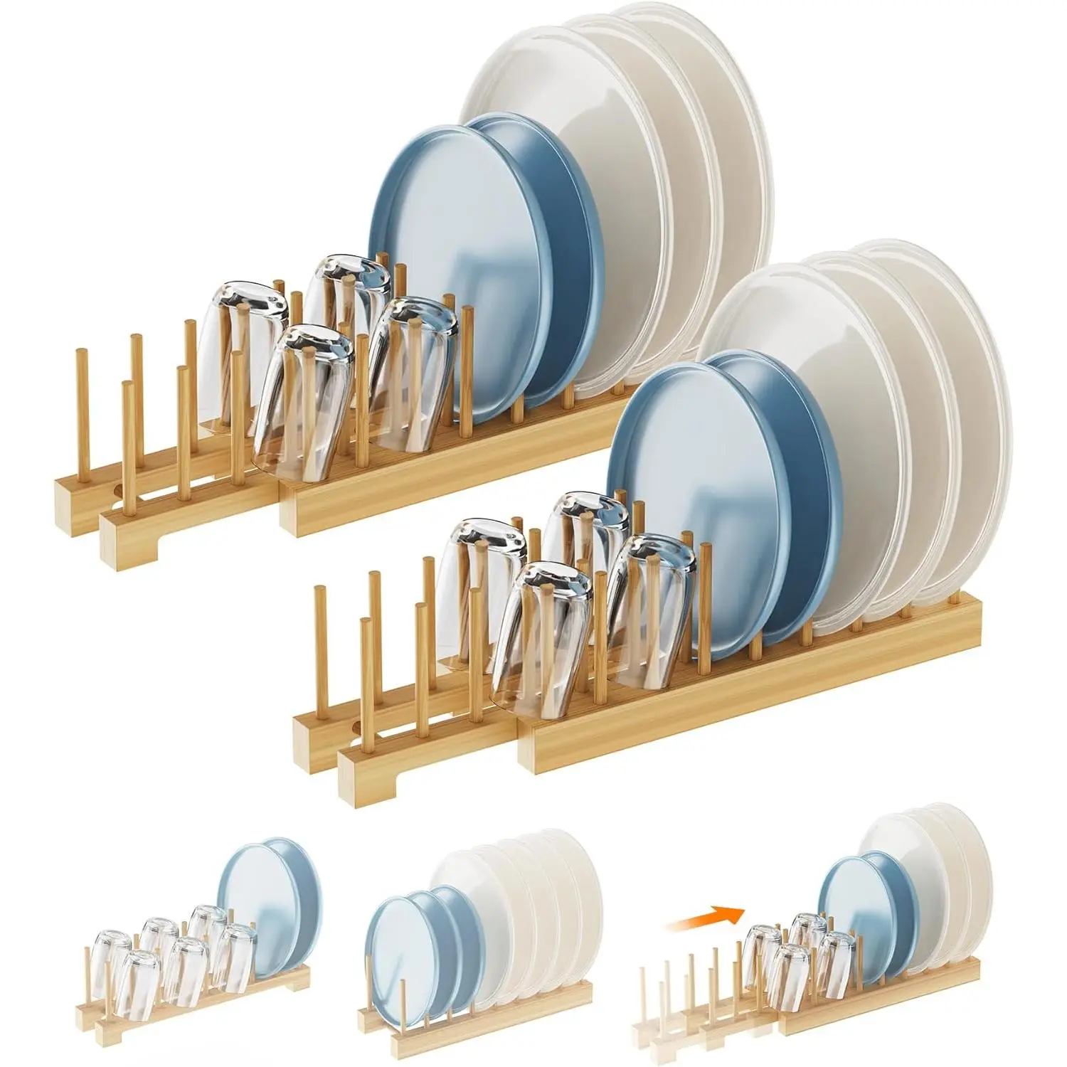 Dish Drying Rack Set of 2, Adjustable Plate Organizer for Cabinet, Space-Saving for Plates, Bowls, Cups, Pot  &  Boards, Vertical  Plate Holder Rack Dish Organizer