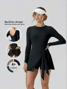 Women's Sporty Tennis Dress, High-Intensity Outdoor Running Long Sleeve Dress, Gym Training Yoga Skirt, Sweat-Wicking Quick-Dry Design, Workout Athletic Dresses