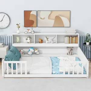 Floor Bed Full Size, Solid Wood Floor Bed Frame with Side Bookcase and High Fence, Full Beds with Safety Guardrails for Bedroom - White