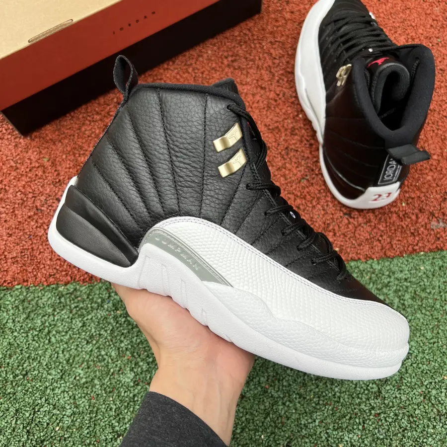 Black White Two-Tone High Top Retro Basketball Sneakers With Gold Metal Accents, Unisex Grain Leather Casual Sports Trainers, Cushioned Anti-Slip Daily Walking Footwear