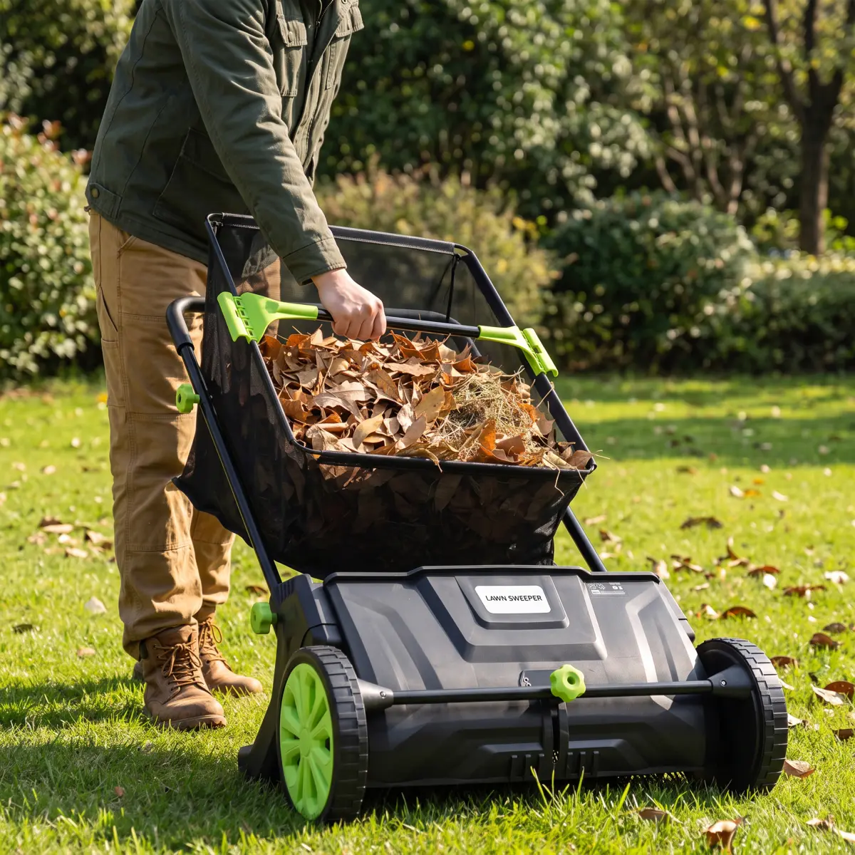 21 Inch Hand Push Lawn Sweeper, Adjustable Height Leaf & Grass Collector with 2.8 Cu.Ft. Detachable Hopper Bag, Lightweight Manual Yard Sweeping Tool for Sidewalk, Driveway & Garden, Black & Green