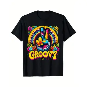 Ideal Unisex Groovy TieDye Peace Sign TShirt Retro Hippie Style Soft Cotton Loose Fit Round Neck