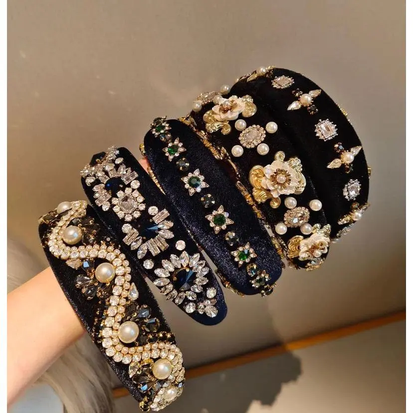 Women's Elegant Retro Luxury Baroque Velvet Full-Drill Thick Sponge Hair Hoop, Pressed Clip Hair Decoration