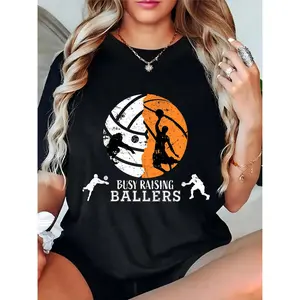 Women's Black T - Shirt with Volleyball & Basketball Split Graphic, Athlete Silhouettes & "Busy Raising Ballers" Text – Ideal for Sports Moms, Game Day, Casual Outings, Basketball/Volleyball Enthusiasts 100% Cotton T-shirt