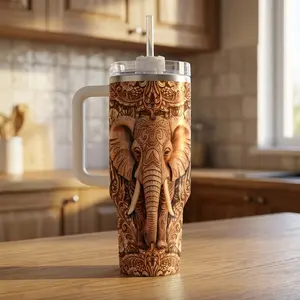 SANDJEST Elephant Tumbler 40oz Elephants Wood Drawing Stainless Steel Insulated Tumblers Coffee Travel Mug Cup Gifts for Women Men Elephant Gift for Birthday Christmas