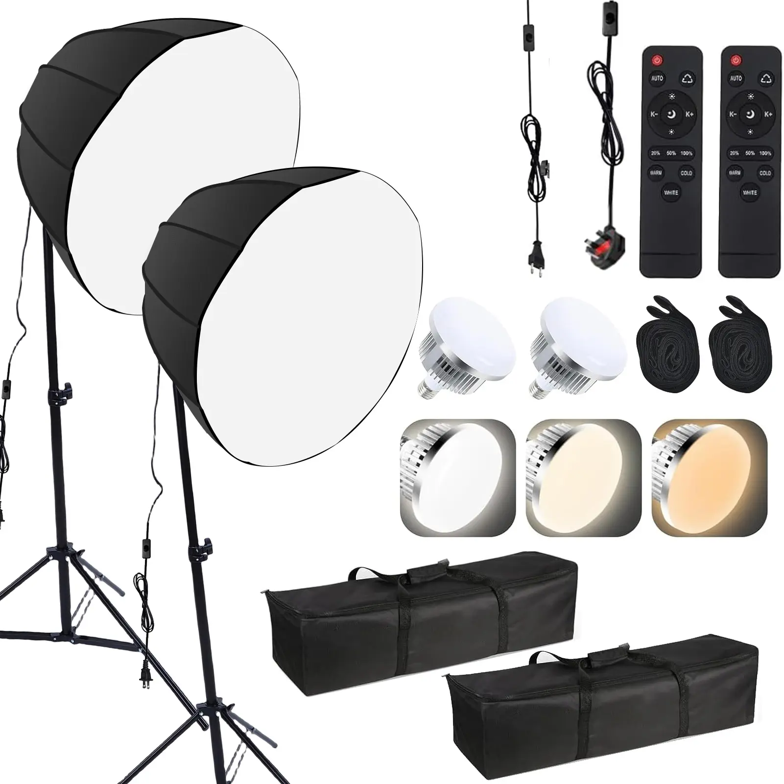 2-Set 12-Sided Softbox Photography Lights Kit, 85W Energy-Saving Bulbs (10,000H Output), Remote Control, Iron-Fabric Compatibility, Carry Bags, Tripods for Live, Portrait, Fashion Photography, Indoor Use