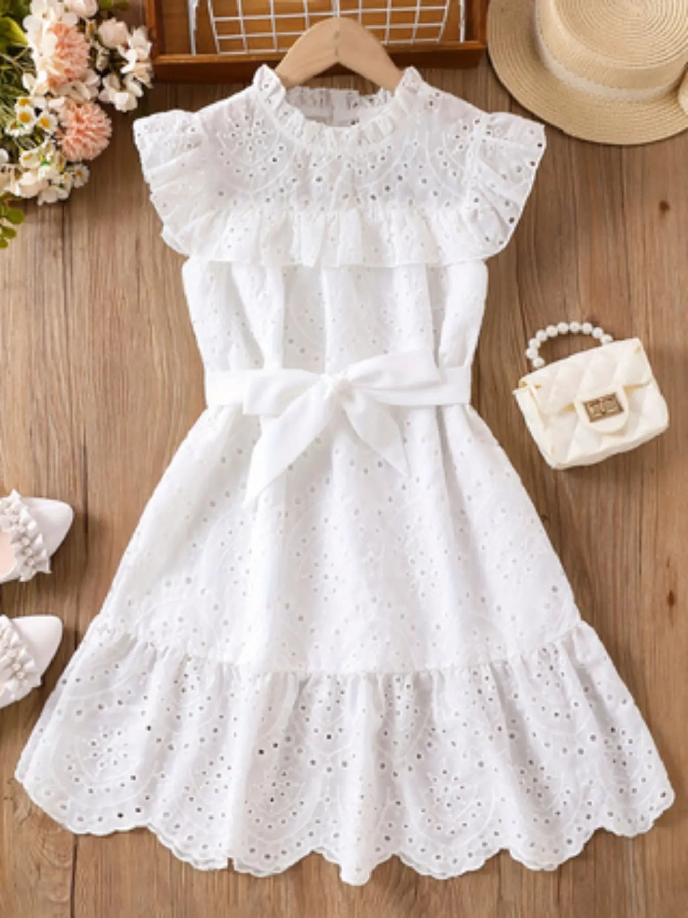 Girls' Embroidered Hollow Out Dress, Spring Summer Fashion Pleated Hem and Waistband Design, Casual Lace Skirt for Middle School Girls