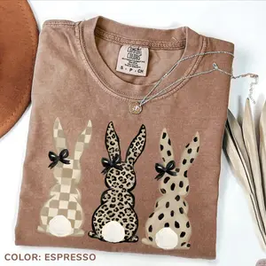 Comfort Colors Neutral Easter Bunnies T-shirt, Leopard Checkered Patterns Coquette T-shirt, Happy Easter Gift, Womenswear
