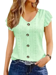 Women's V Neck Hollow Out Short Sleeve Top, Slimming Fit Fly Sleeves Design, Casual Fashion Blouse for Daily Wear