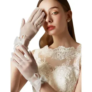Women Bow Tulle Gloves with Pearls Short Mesh Tea Party Gloves Wedding Bridal Prom Formal Accessories