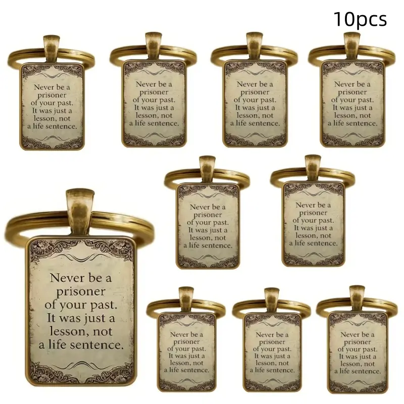 10pcs Inspirational Keychain Pendant- "Never Be a Prisoner of Your Past" Quote, Elegant Square Design with Floral Patterns, Zinc Alloy, Perfect Romantic Gift for All Occasions, Motivational Jewelry | Inspirational Quote