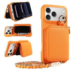 Retro Pearl Chain Smartphone Casing - Full Body Protective Cellphone Case, Handheld Card Holder Wallet Cover for iPhone 17, 16 Pro Max Plus (Mobile Phone Accessories)