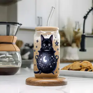 Mystical Halloween Witch Cat Design 16oz Glass Water Cup with Lid and Straw, Bamboo Lid Reusable Glass Drinking Cup, High-Quality Glass Jar Design, Suitable for Iced Coffee, Beer, Juice, Milk, Cold Drink Glass Cups, Fashionable Glassware