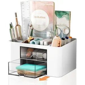 Stationary Organiser 7-Grid Desk Organizer with Drawer - Multifunctional Plastic Table Organizer & Pen Holder for School, Office, and  (White)