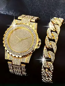 Men's & Women's Casual Fashion Quartz Watch, Rhinestone Watches, Round Rhinestone Decorated Alloy Case Wristwatch, Classic Simple Street Style For All Seasons, Watch Set For Casual Business Wear, Birthday Christmas Gift