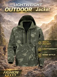 Men's Military Camouflage Outdoor Jacket, Hooded Drawstring Design, Multiple Zip Pockets, Running Hiking Sports Coat