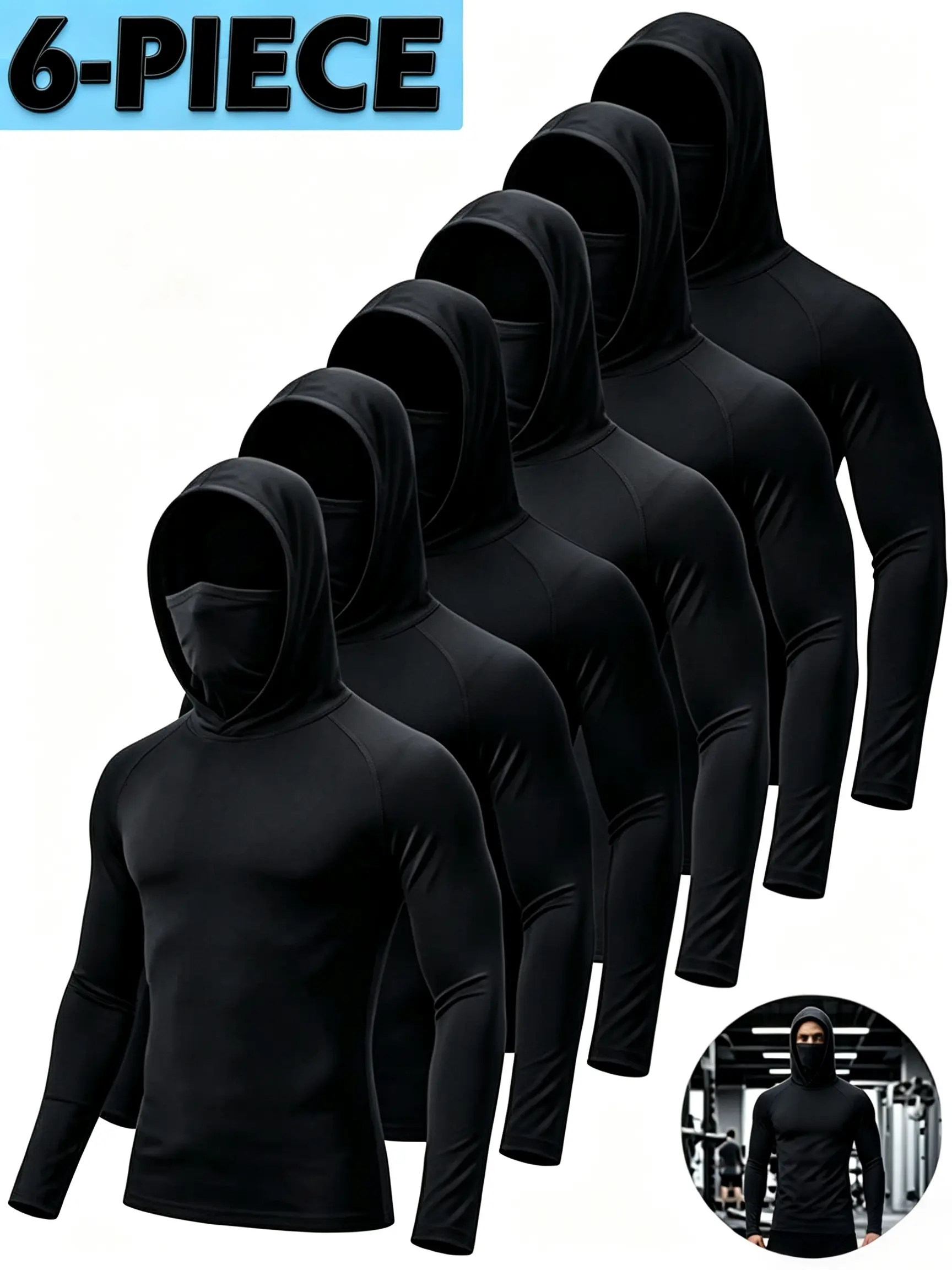 Men's 6-Pack 100% Polyester Compression Hoodies - Long Sleeve Athletic Tops with Built-In Face Mask, UPF Sun Protection, Moisture Wicking for Workout, Fishing, All Season Wear