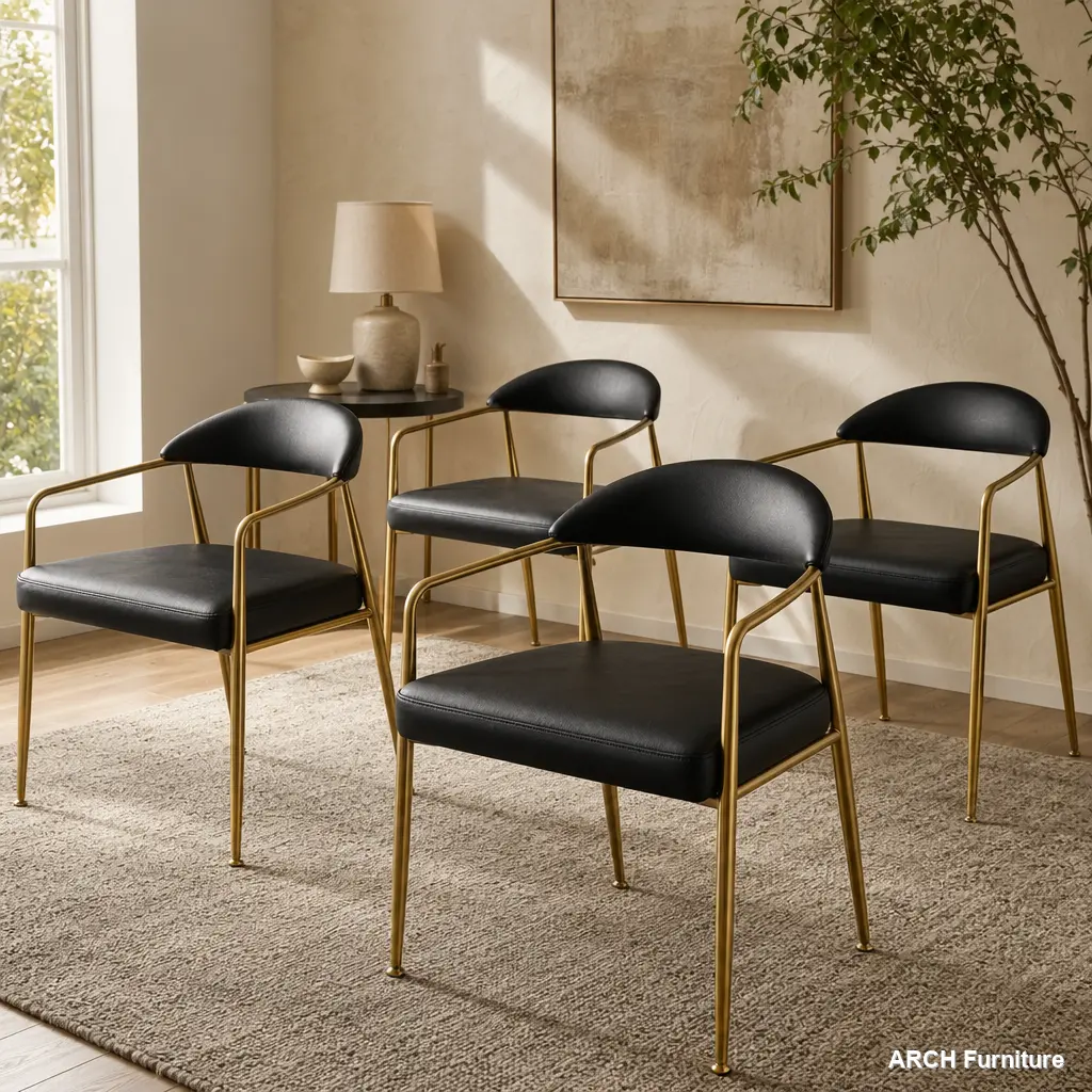 4-Piece Modern Minimalist 4-Leg Dining Chairs with Black Seats, Golden Metal Frame, Chic Indoor Black Dining Chairs, Chic Dining Chairs