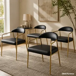 Modern Minimalist Chairs Set of 4 - Black Seats, Golden Metal Frame Indoor Furniture Pieces