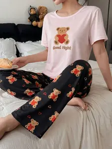 Cute Bear Heart Print Homecoming Set, Short Sleeve Top & Bottom Bear Pants, Comfortable Fitted Two-Piece Outfit for Women