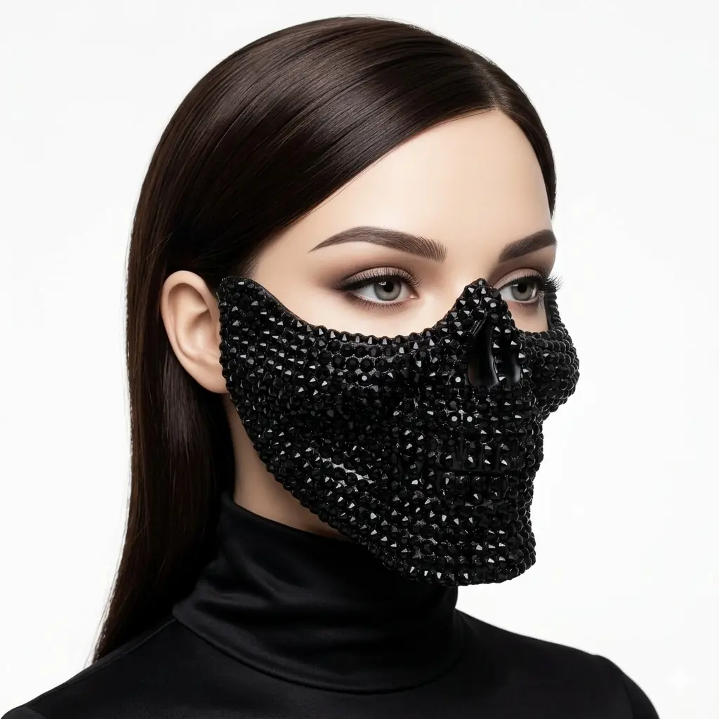 Masquerade Party Mask With Rhinestone Diamond Skull Teeth Jaw Mouth Half Face Black Masks For Halloween Costume Mardi Gras